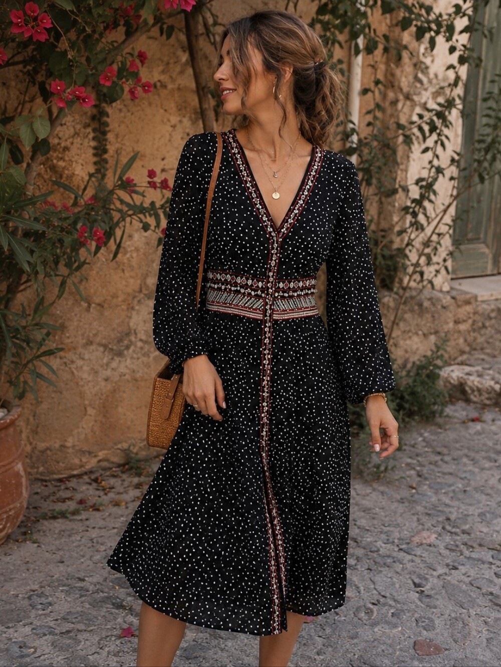 Andree by Unit Button Up Midi Dress S Black White Polka Dot Embroidered Boho New